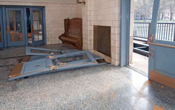 The doors of the ferry building were demolished by the water surge. The doors of the ferry building were demolished by the water surge.